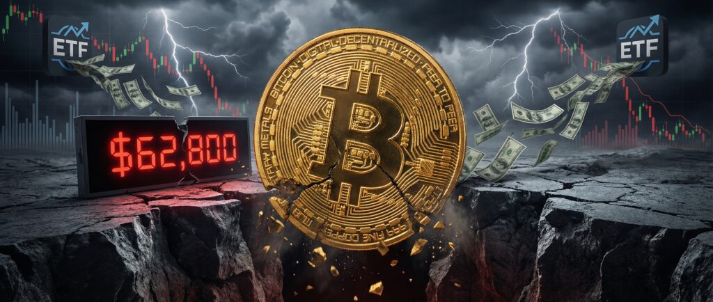 Биткоин рухнул до $62 800 на фоне страха и оттока из ETF
