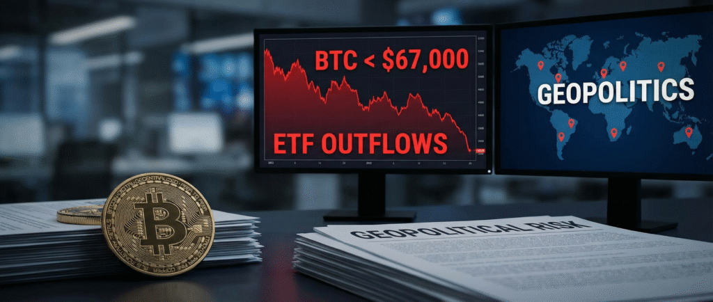 Биткоин рухнул ниже $67 000 на фоне оттока из ETF и геополитики