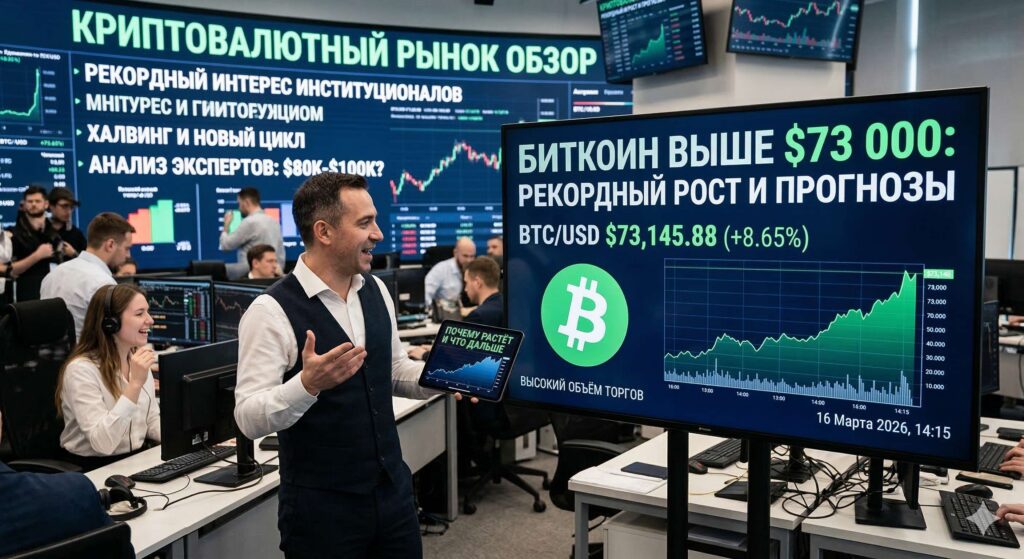 Почему растёт биткоин 16 марта 2026 года: BTC снова выше $73 000 на фоне ETF-притоков и геополитики