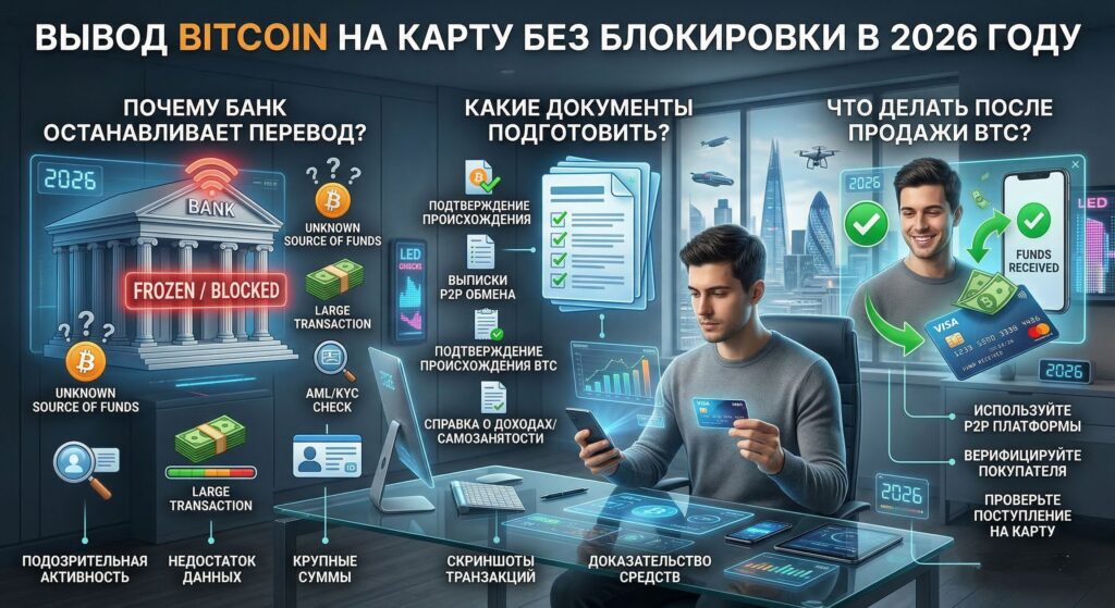 Вывод Bitcoin на карту без блокировки в 2026 году: почему банк останавливает перевод, какие документы подготовить и что делать после продажи BTC