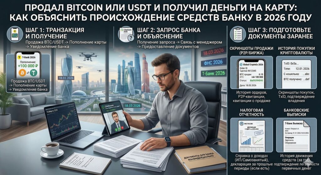 Продал Bitcoin или USDT и получил деньги на карту: как объяснить происхождение средств банку в 2026 году и какие документы подготовить заранее