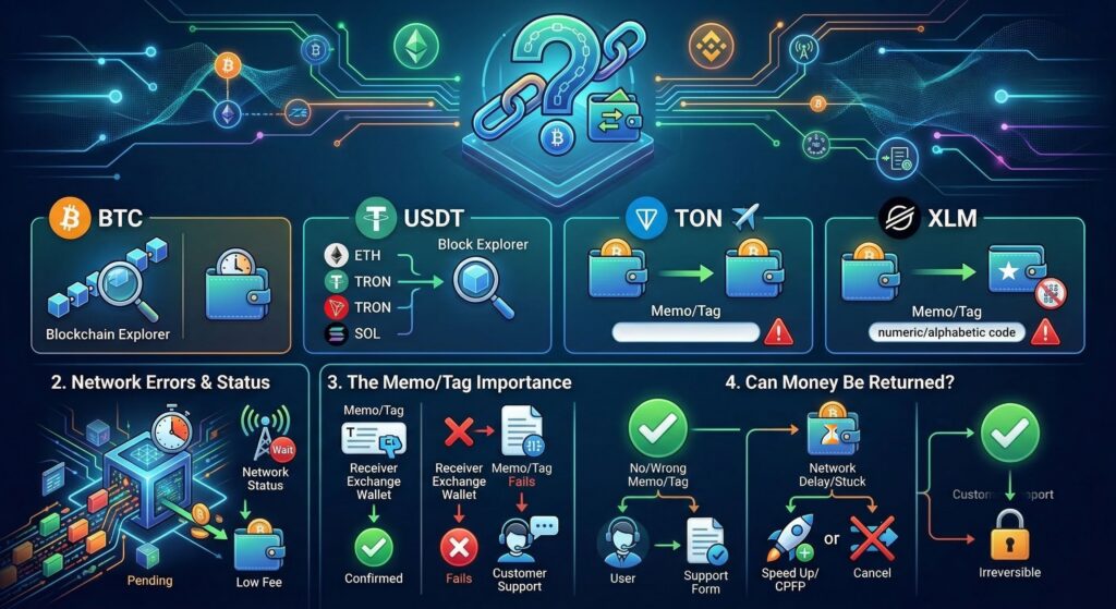 Почему не пришла криптовалюта после перевода в 2026 году: как проверить транзакцию Bitcoin, USDT, TON и XLM, что делать при ошибке сети, memo/tag и можно ли вернуть деньги