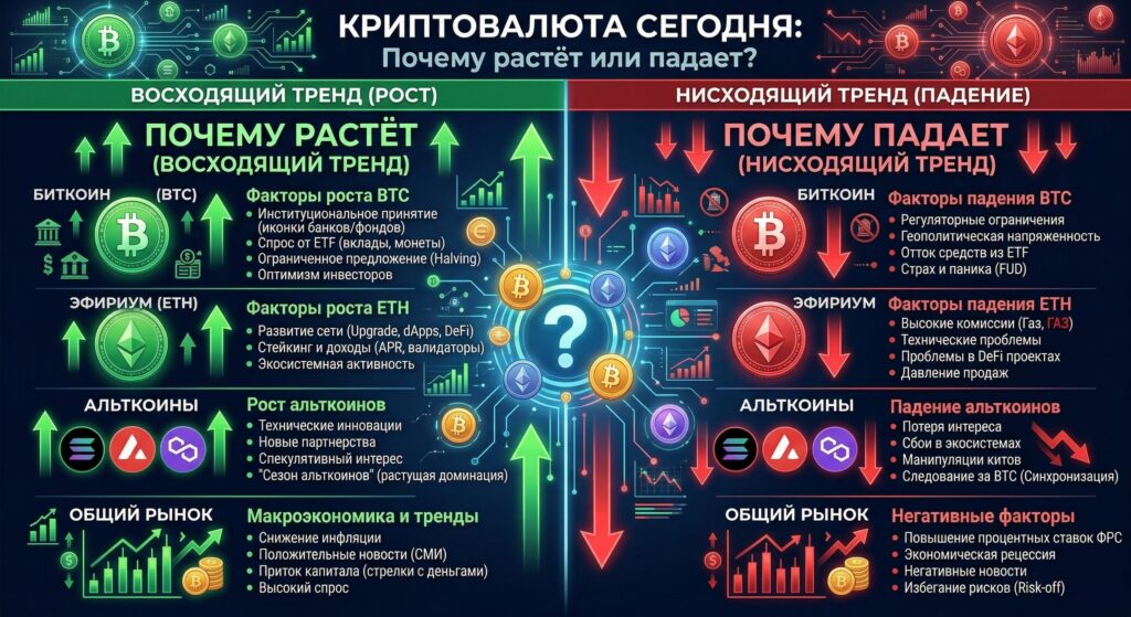 Почему растёт или падает криптовалюта сегодня: что происходит с рынком, биткоином, эфириумом и альткоинами