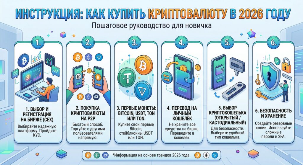Инфографика о том, как купить криптовалюту в 2026 году: биржа, P2P, Bitcoin, USDT, TON, перевод на кошелёк и безопасность