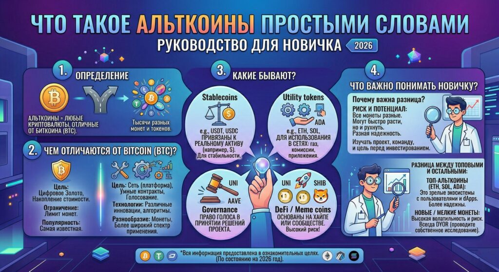 Что такое альткоины простыми словами: чем они отличаются от Bitcoin, какие бывают и почему новичку важно понимать разницу между топовыми монетами 1 Инфографика про альткоины простыми словами: отличие от Bitcoin, виды альткоинов и советы для новичка