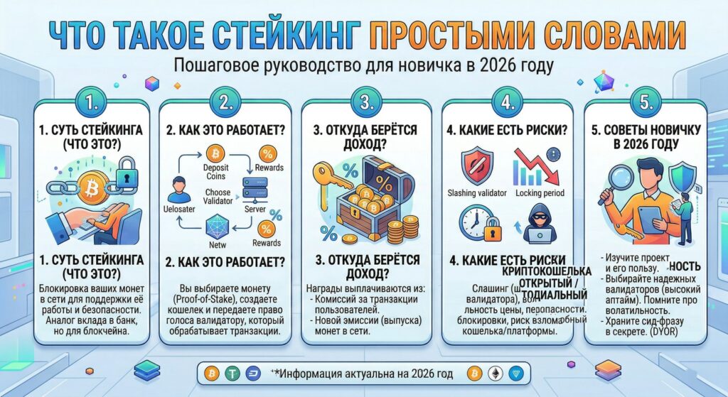 Инфографика о стейкинге простыми словами: как работает staking, откуда берётся доход, какие есть риски и советы новичку
