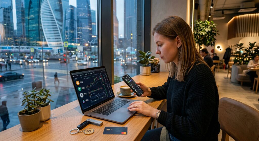 Законна ли криптовалюта в России в 2026 году: можно ли покупать, хранить, продавать Bitcoin, USDT и другую крипту 1 Законна ли криптовалюта в России в 2026 году: девушка работает с Bitcoin, USDT и криптопортфелем на ноутбуке в кафе