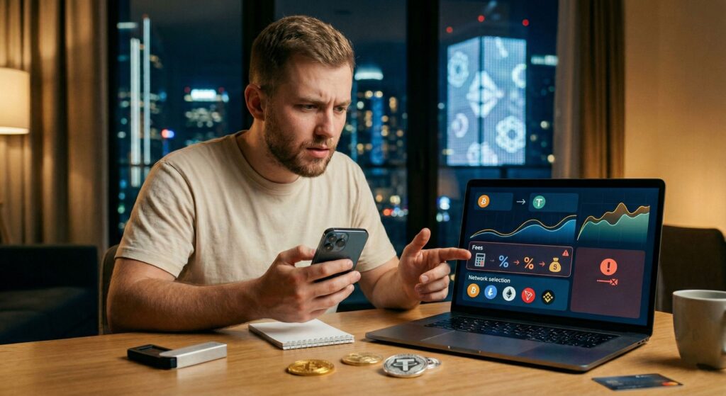 Как выбрать обменник криптовалюты в 2026 году: скрытые комиссии, курс, сети и ошибки при обмене Bitcoin и USDT 1 Как выбрать обменник криптовалюты в 2026 году: мужчина сравнивает курс, комиссии и сети для обмена Bitcoin и USDT