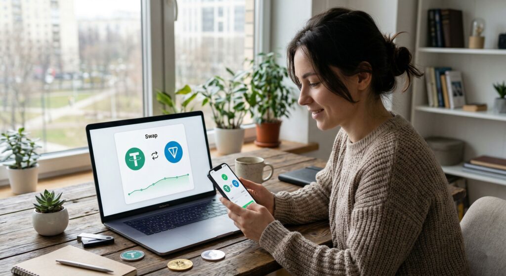 Что такое swap в криптовалюте простыми словами: как обменять USDT, ETH, TON и другие монеты без лишних потерь 1 Что такое swap в криптовалюте: девушка обменивает USDT и TON через ноутбук и смартфон дома