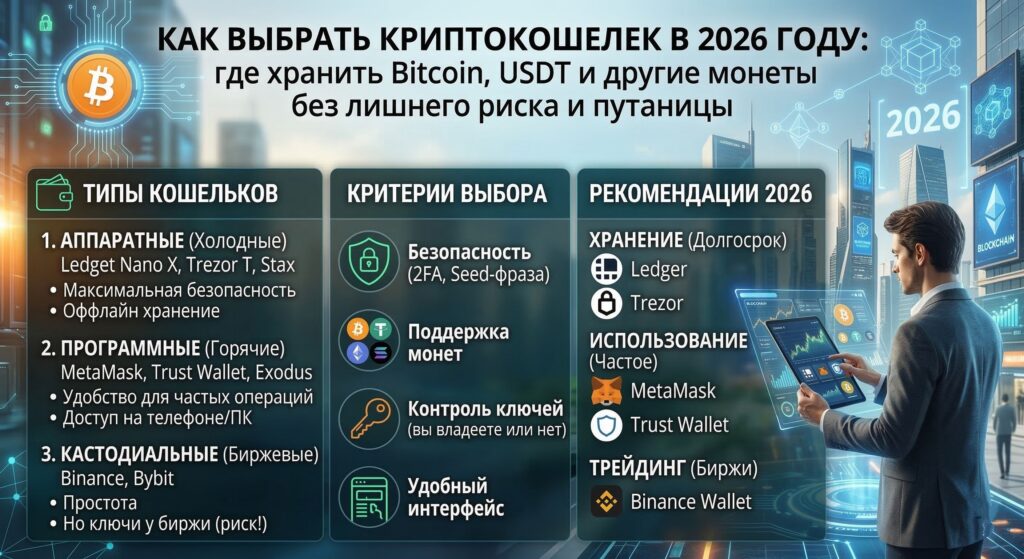 Как выбрать криптокошелек в 2026 году: где хранить Bitcoin, USDT и другие монеты без лишнего риска и путаницы