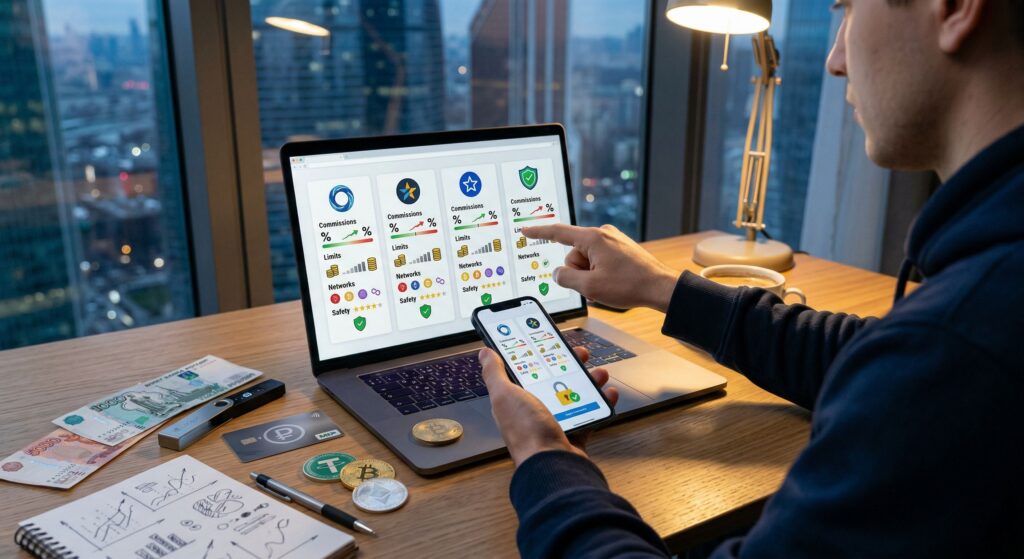 Выбор обменника для вывода крипты в рубли: сравнение комиссий, лимитов и сетей на ноутбуке