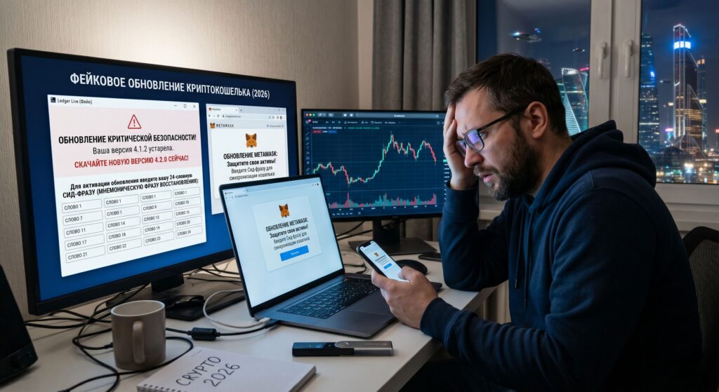 Фейковое обновление криптокошелька в 2026 году — пользователь видит поддельные окна Ledger Live и MetaMask с запросом seed-фразы
