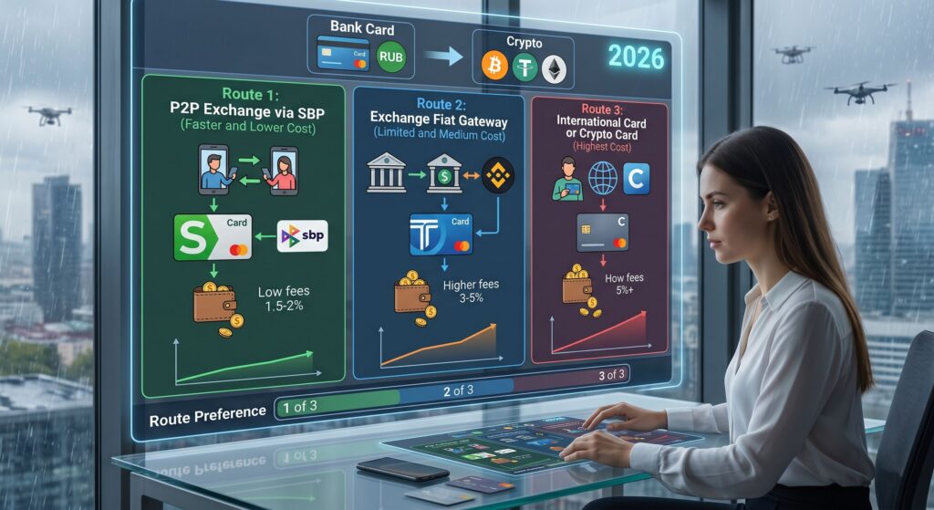 Сравнение способов покупки крипты в России по карте в 2026 году: P2P, fiat gateway и международные маршруты с разными комиссиями и потерями