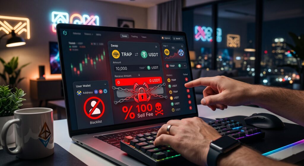Почему токен не продаётся на DEX: honeypot, 100% sell fee, blacklist и unsellable token 1 Токен не продаётся на DEX: на экране показаны honeypot, blacklist и 100% sell fee как причины блокировки продажи