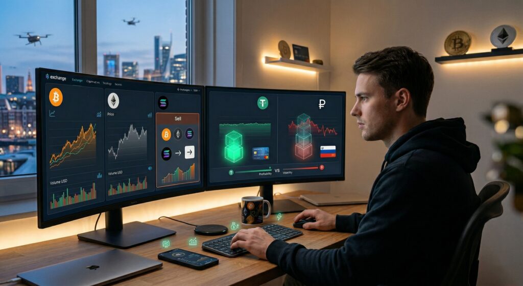 Трейдер сравнивает продажу Bitcoin, Ethereum и Solana в USDT или сразу в рубли на экранах криптоплатформы