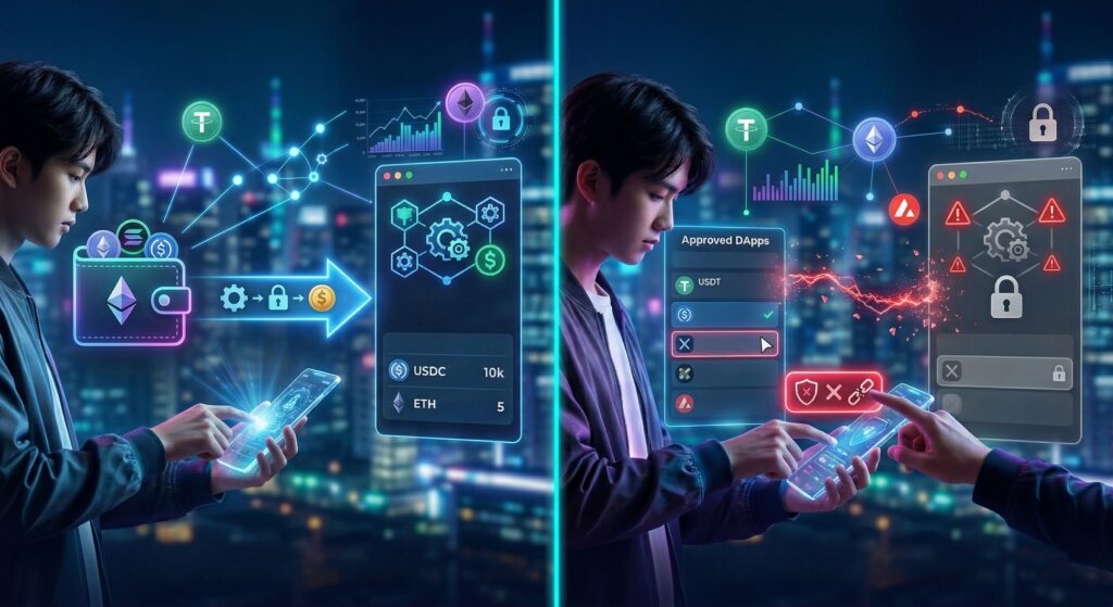 Пользователь проверяет апрувы токенов и отзывает доступ dApp к криптокошельку в 2026 году