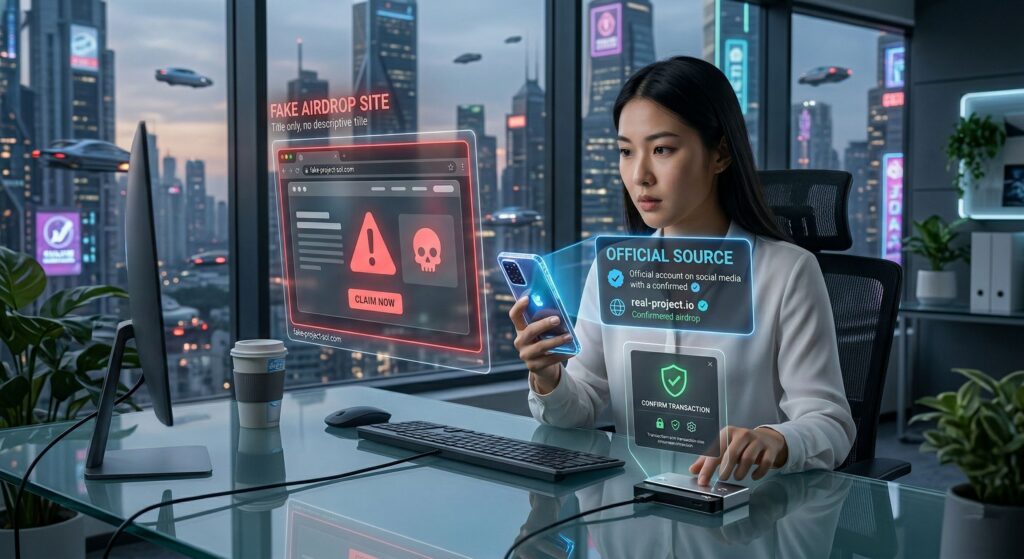 Пользователь проверяет официальный источник airdrop перед подключением кошелька, чтобы не потерять крипту на фейковом claim-сайте в 2026 году