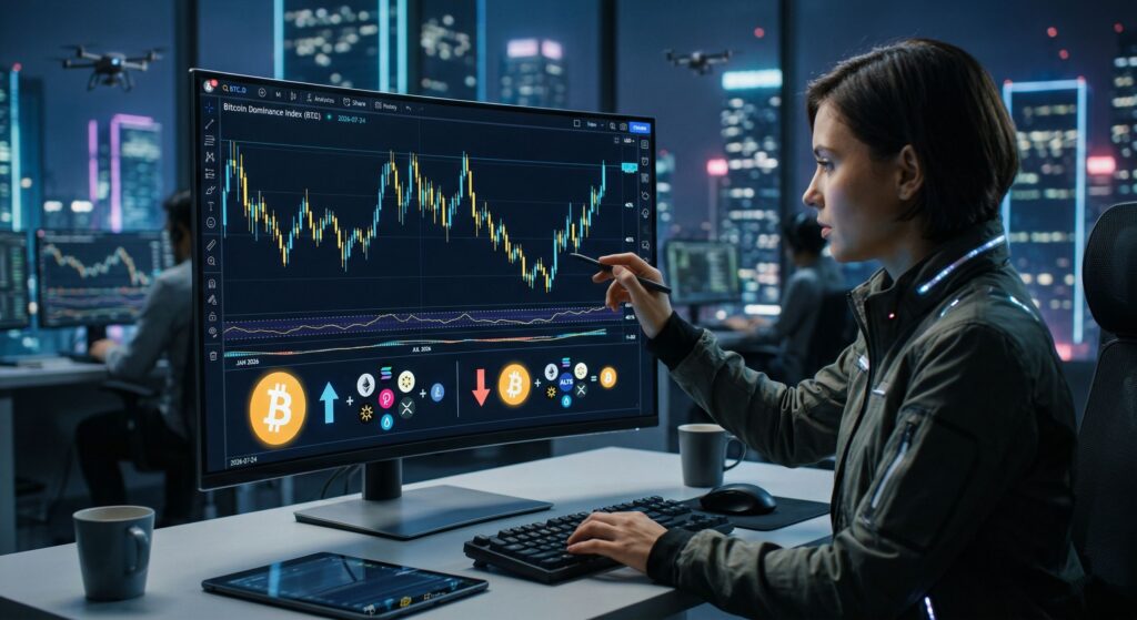 Что такое доминация биткоина на TradingView и как читать график BTC.D в 2026 году 1 Пользователь анализирует график доминации биткоина BTC.D на TradingView, чтобы понять связь Bitcoin и альткоинов в 2026 году