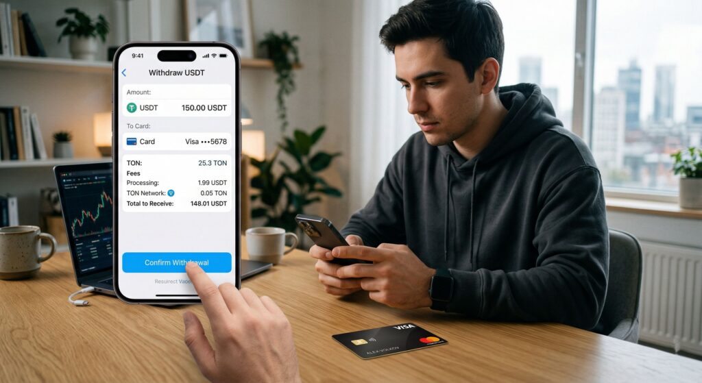 Как вывести крипту с Telegram Wallet на карту в 2026 году: USDT, TON, комиссии и ошибки 1 Пользователь выводит USDT с Telegram Wallet на банковскую карту и проверяет комиссии, сеть TON и итоговую сумму к получению в 2026 году