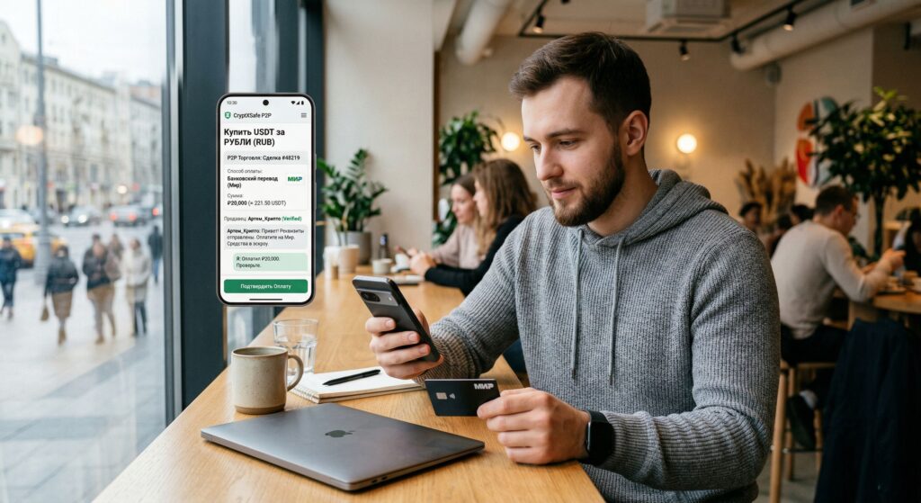 Пользователь покупает USDT за рубли через смартфон и банковскую карту, проверяя безопасность сделки перед оплатой