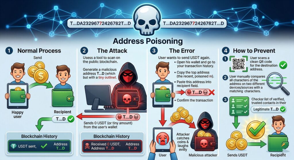 Address poisoning простыми словами: подмена похожего адреса и риск отправки USDT мошеннику