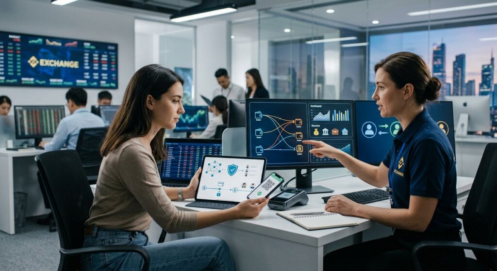 Подтверждение происхождения крипты в 2026 году: почему биржа, обменник или банк задают вопросы 1 Сотрудник криптобиржи объясняет клиенту проверку происхождения крипты, wallet screening и подтверждение кошелька