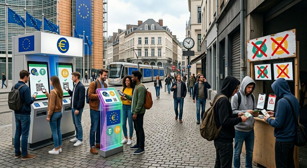 Ограничения USDT и DAI в Европе после MiCA: пользователи у криптотерминалов на фоне символики ЕС