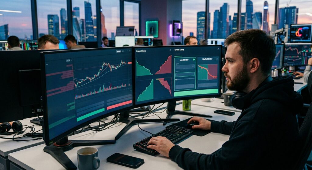 Как купить и продать крипту без переплаты в 2026 году: market order, limit order, спред, стакан и slippage 1 Трейдер анализирует стакан ордеров, графики и market order и limit order на экранах при покупке и продаже крипты без переплаты