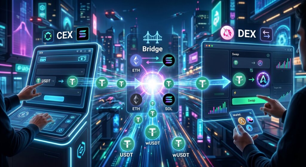 Как купить альткоин, которого нет на бирже, в 2026 году через CEX, bridge и DEX