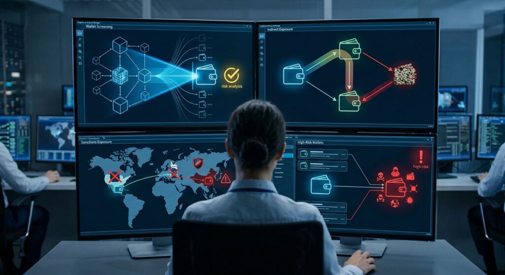 Проверка криптомонет через wallet screening, indirect exposure, sanctions exposure и high-risk wallets