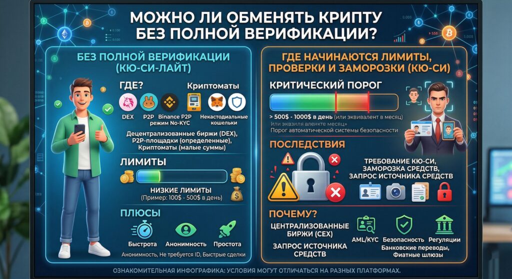 Можно ли обменять крипту без полной верификации и где начинаются лимиты, проверки и заморозки 1 Обмен криптовалюты без полной верификации: лимиты, проверки и риск заморозки средств