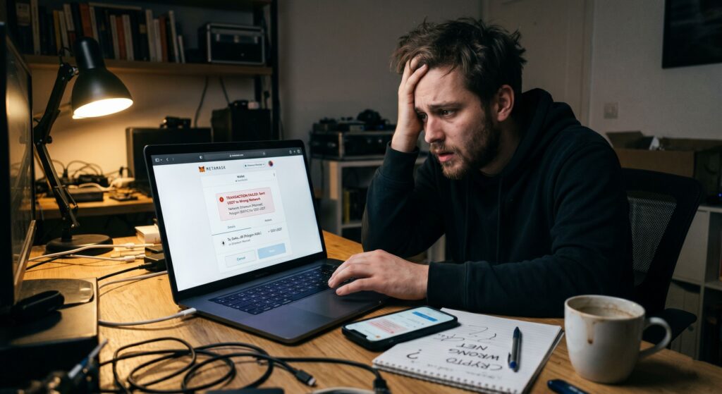 Пользователь отправил крипту не в ту сеть и пытается понять, можно ли вернуть USDT или другой токен после ошибки перевода