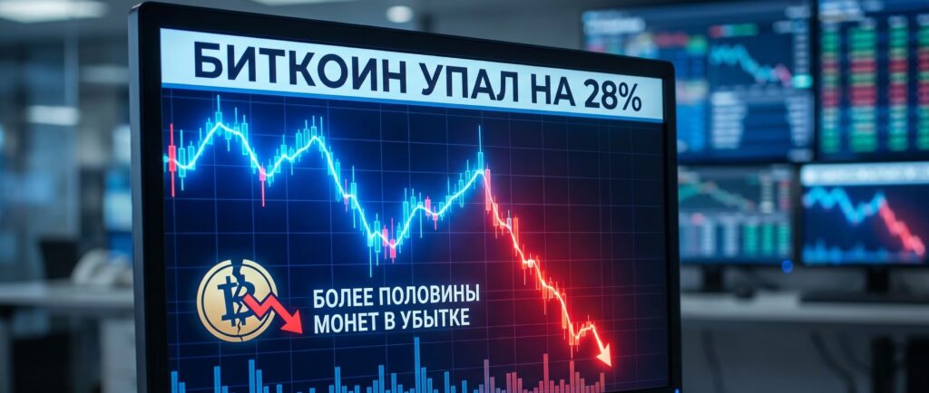 Вот краткий заголовок для новости на русском языке:

Биткоин упал на 28%: более половины монет в убытке