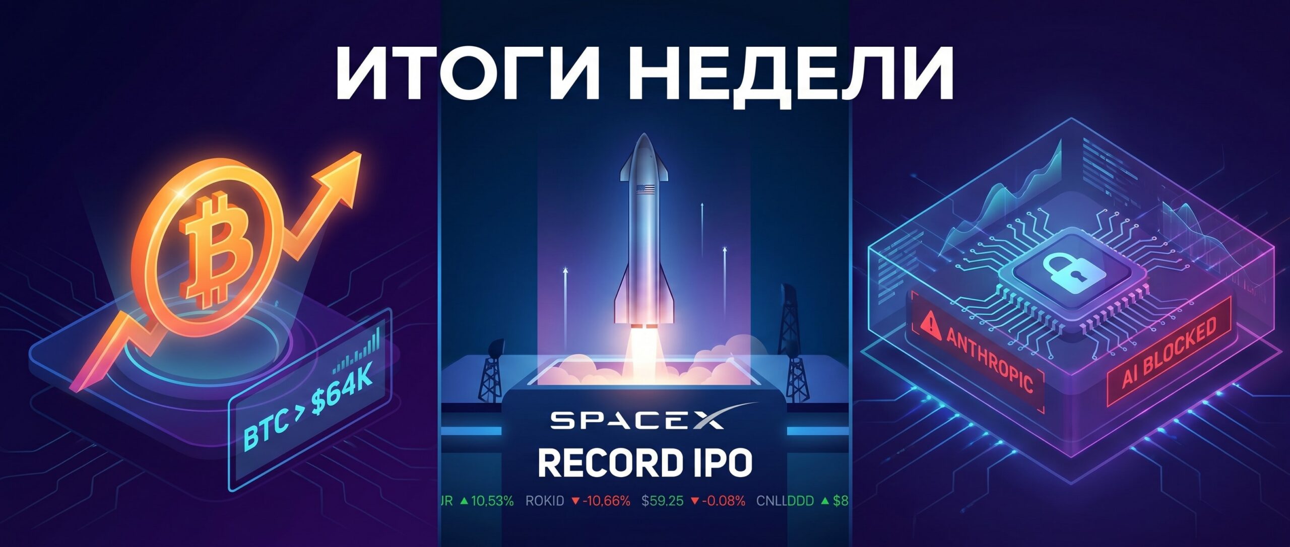 Вот несколько вариантов краткого заголовка для этой новости: * <strong>Итоги недели: Биткоин, SpaceX и ИИ</strong>
* <strong>Биткоин выше $64 000, рекордное IPO SpaceX и ограничения для ИИ</strong>
* <strong>Криптонеделя: рост BTC, SpaceX и блокировка Anthropic</strong> 1 1781449583438 456103 scaled