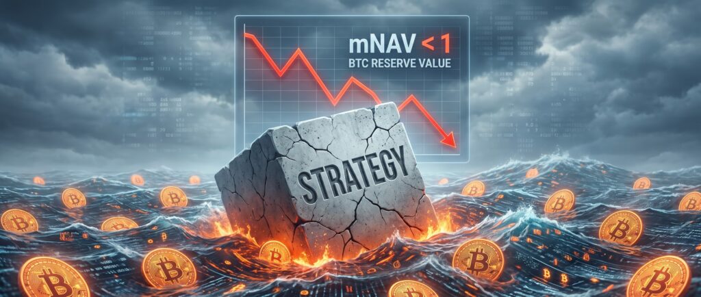 Вот несколько кратких заголовков для этой новости:

1.  Акции Strategy упали ниже стоимости ее биткоинов
2.  Модель Strategy под угрозой: mNAV ниже 1
3.  Рынок оценил Strategy дешевле ее BTC-резерва
4.  Биткоин-стратегия дает трещину: капитализация MSTR просела
5.  Крах премии: Strategy теряет доверие инвесторов