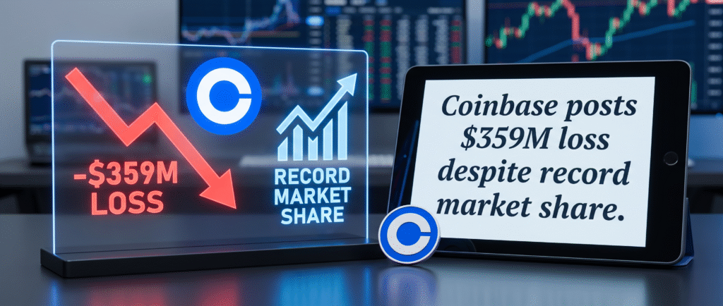 Coinbase зафиксировала убыток в $359 млн, несмотря на рекордную долю рынка