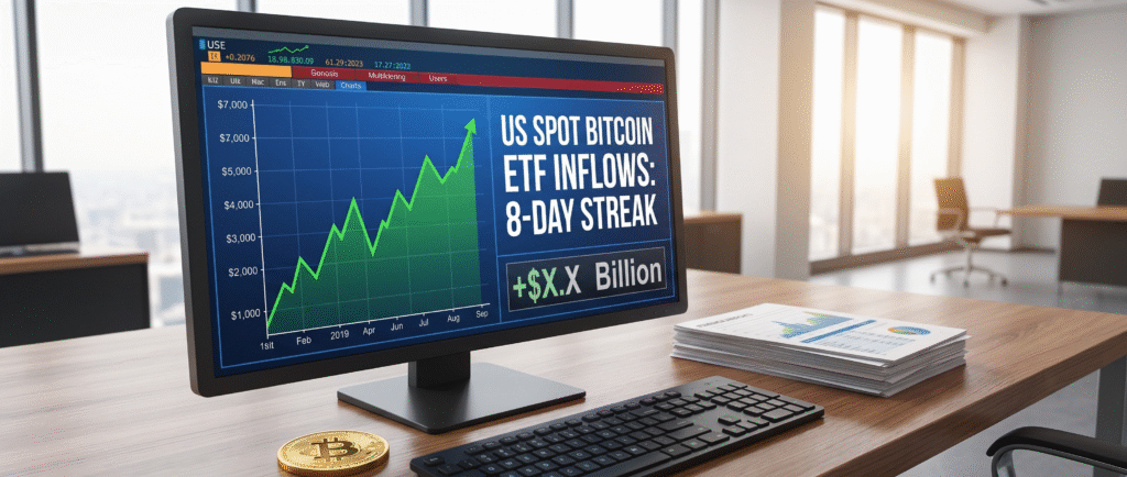 Спотовые биткоин-ETF в США зафиксировали восемь дней притока подряд