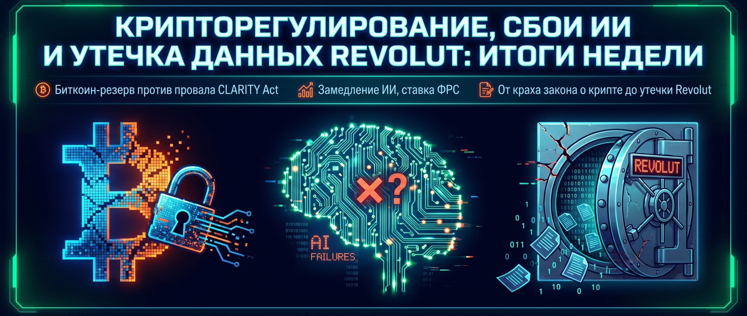 Вот несколько вариантов кратких заголовков, отражающих ключевые темы выпуска: <strong>Основной:</strong>
Крипторегулирование, сбои ИИ и утечка данных Revolut: итоги недели <strong>Альтернативные:</strong>
* Биткоин-резерв против провала CLARITY Act: что важнее для рынка
* Замедление ИИ, ставка ФРС и чтение переписок ChatGPT
* От краха закона о крипте до утечки Revolut: главные события 8 1789806600468 787303 scaled